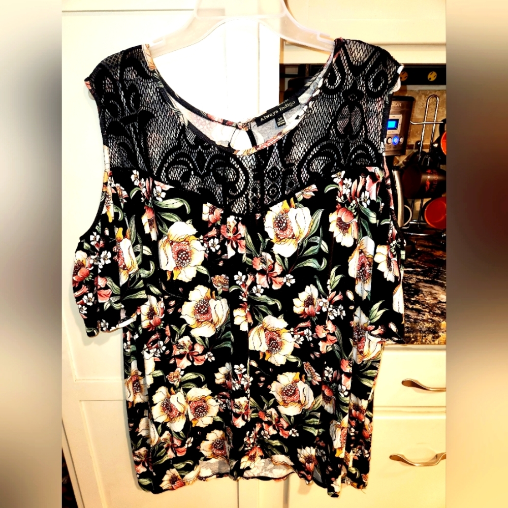 Always Indigo 3x Floral Cold Shoulder Shirt